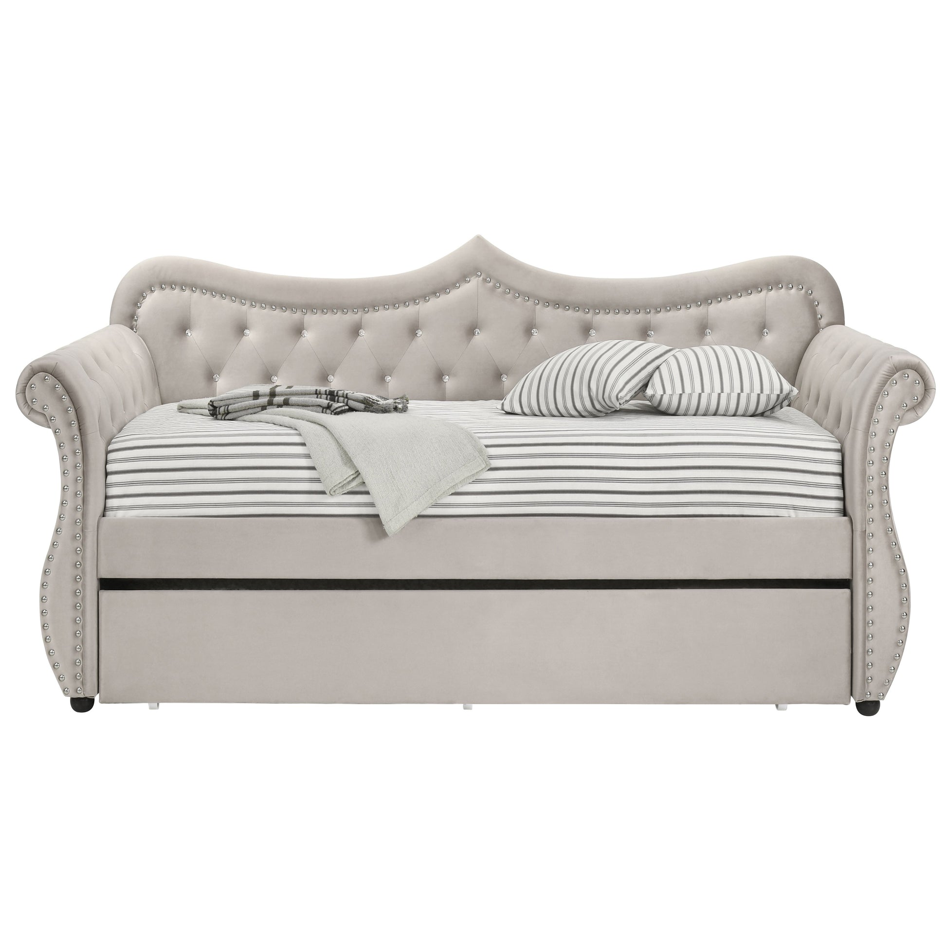 Sharron Beige Velvet Twin Size Glam Daybed with Trundle