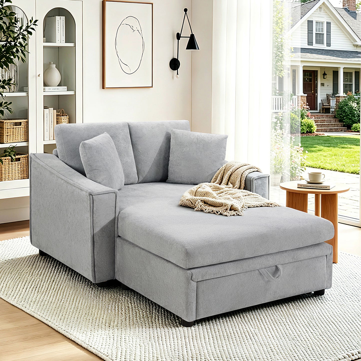 Modern Chaise Sofa 53.5' Grey Snowflake Velvet Sofa Bed with Hidden Storage & Pillows - detail view 2