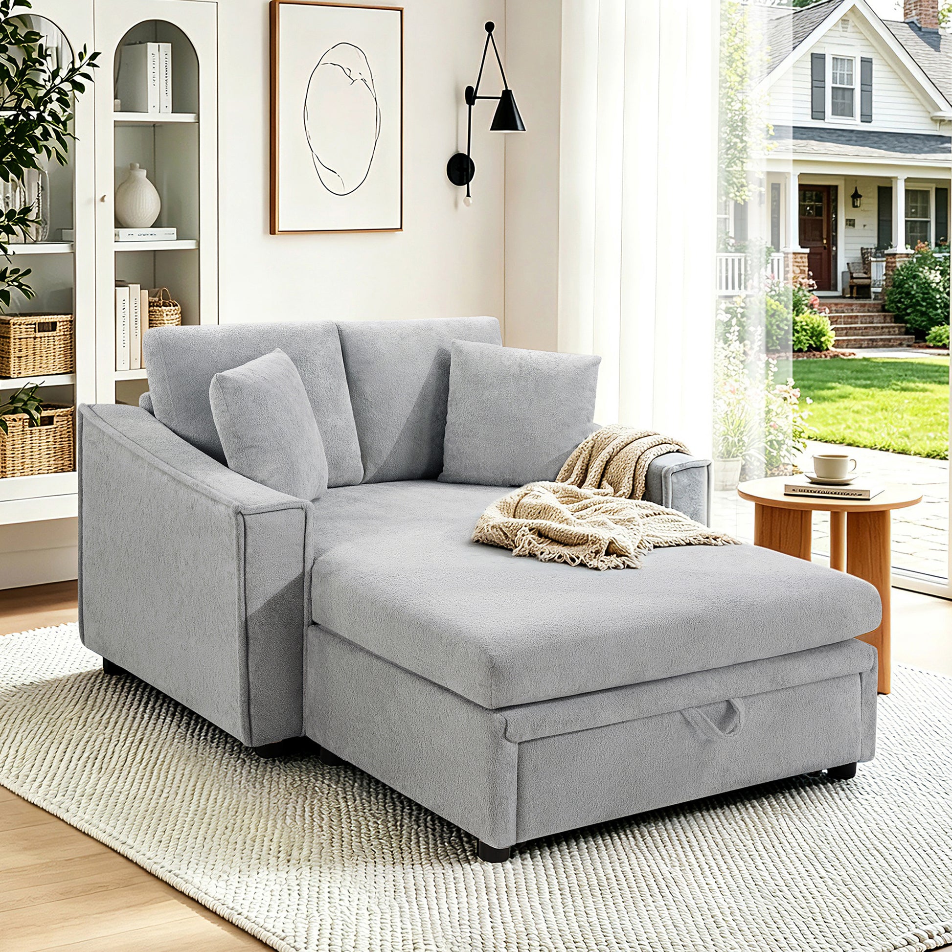 Modern Chaise Sofa 53.5' Grey Snowflake Velvet Sofa Bed with Hidden Storage & Pillows - detail view 2
