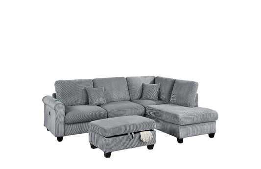 Contemporary Style 3pc Sectional Set Right Arm Chaise Left Arm Sofa w/ USB Port Storage Ottoman Throw Pillow Wooden Legs Fog Finish - detail view 2