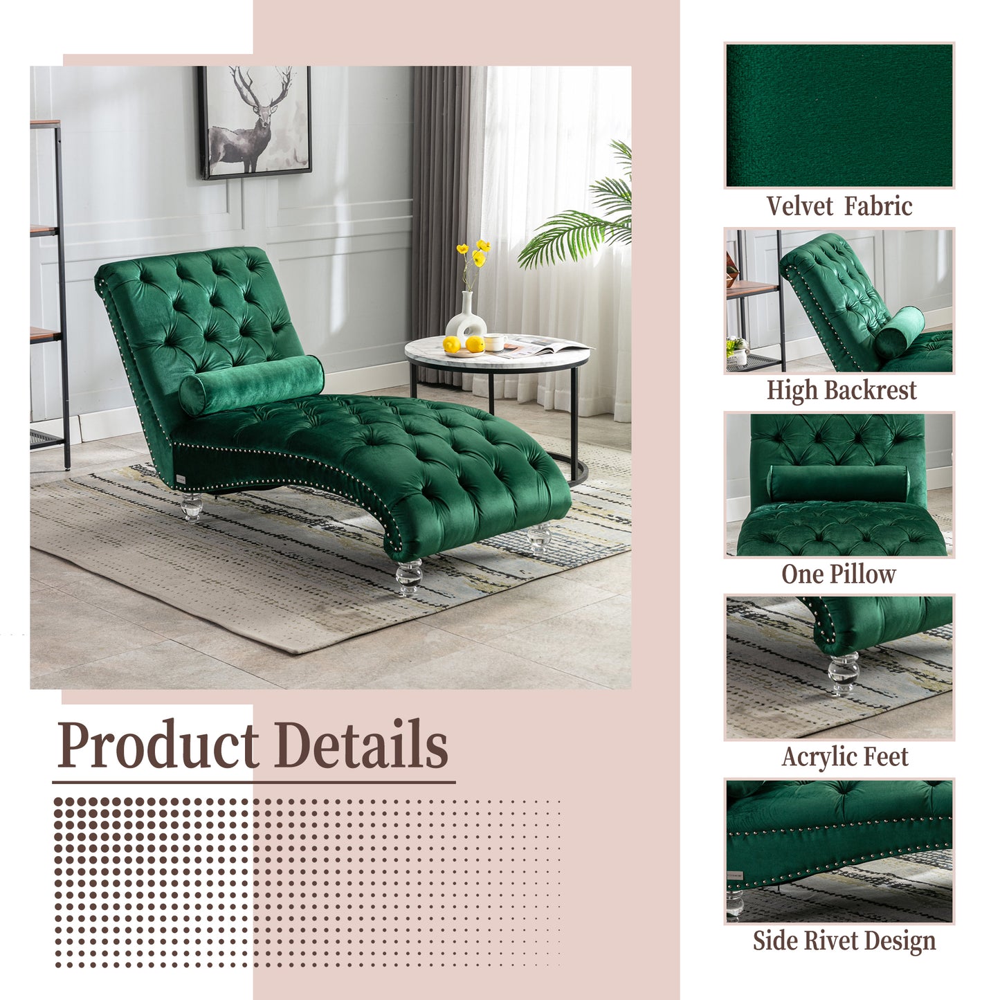 Emerald Velvet Tufted Chaise Lounge with Wood Legs - detail view 5