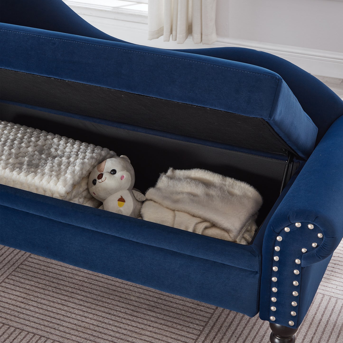 64" Modern Velvet Chaise Lounge - Navy & Blue - detail view 6