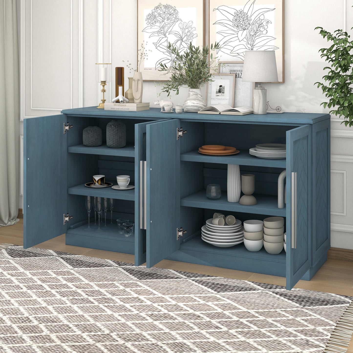 TREXM Sideboard Buffet Cabinet with Storage - Antique Blue - detail view 4