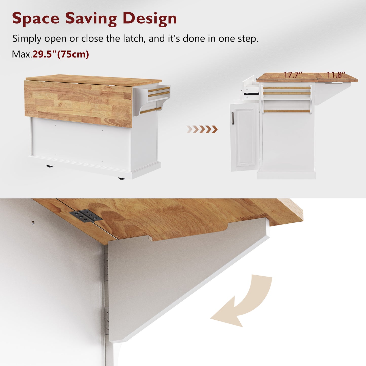 K&k 54" Large Kitchen Island with Rubber Wood Drop Leaf - White - detail view 8
