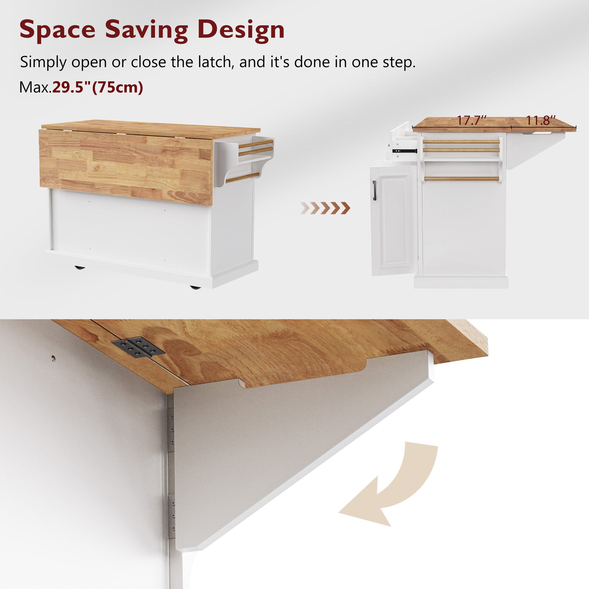 K&k 54" Large Kitchen Island with Rubber Wood Drop Leaf - White - detail view 8