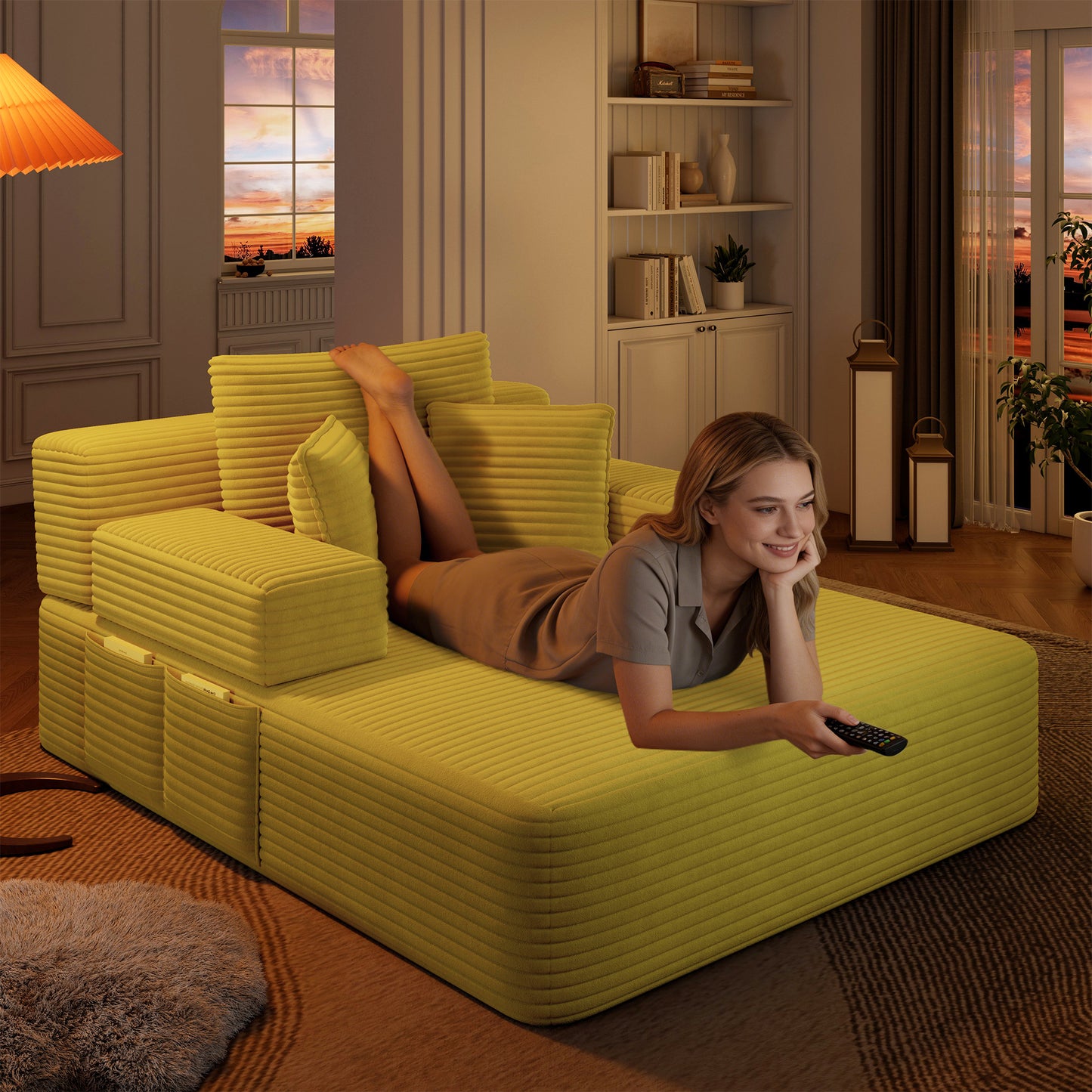 Luxurious Plush Corduroy Chaise Lounge with 3 Pillows - Yellow - detail view 4