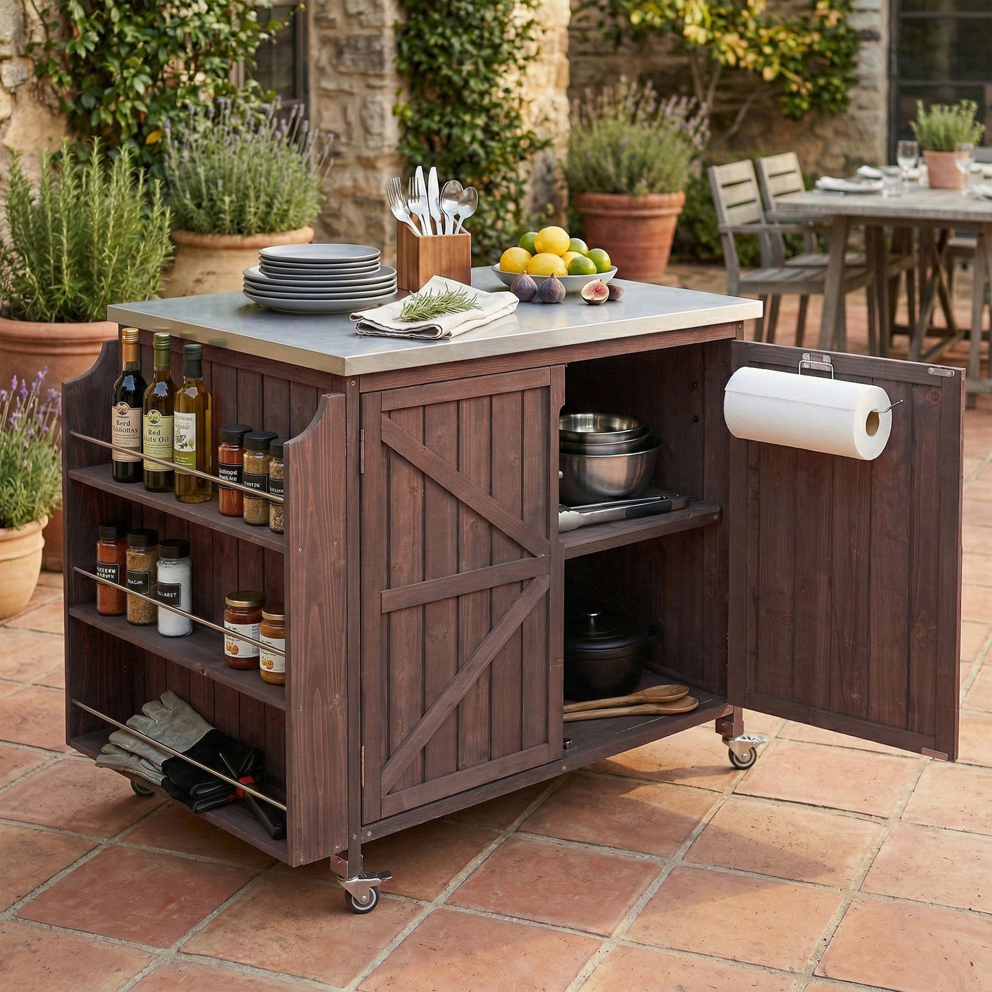 K&k 42.1' Outdoor Kitchen Island with Side Shelf - Brown - primary color shot
