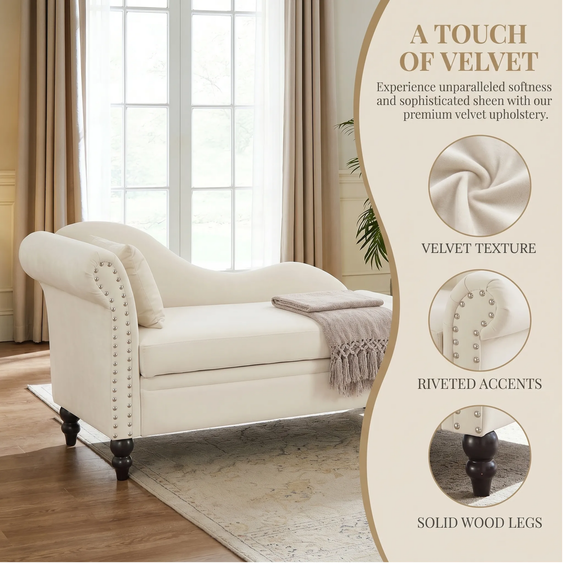 64" Modern Velvet Chaise Lounge - Beige - detail view 6