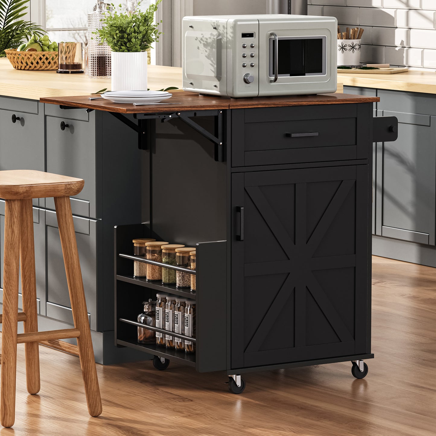 K&k 39.3' Farmhouse Kitchen Island with Drop Leaf - Black - detail view 3