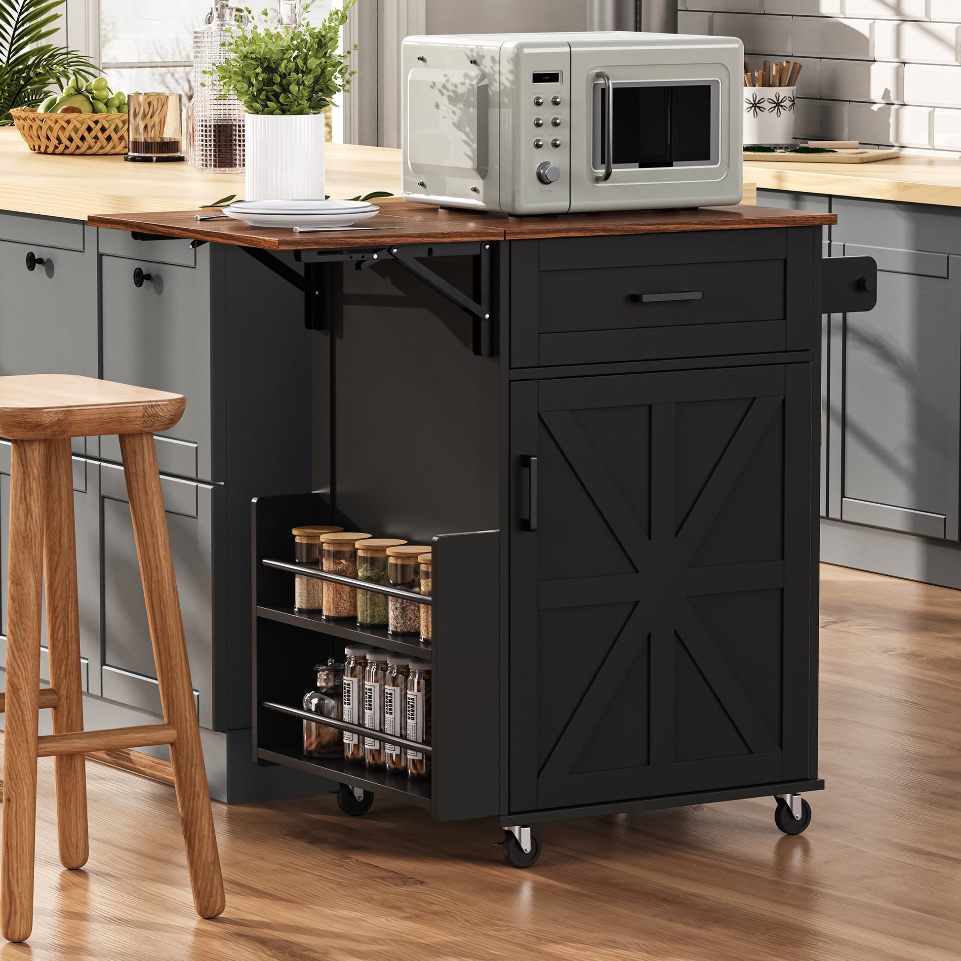 K&k 39.3' Farmhouse Kitchen Island with Drop Leaf - Black - detail view 3