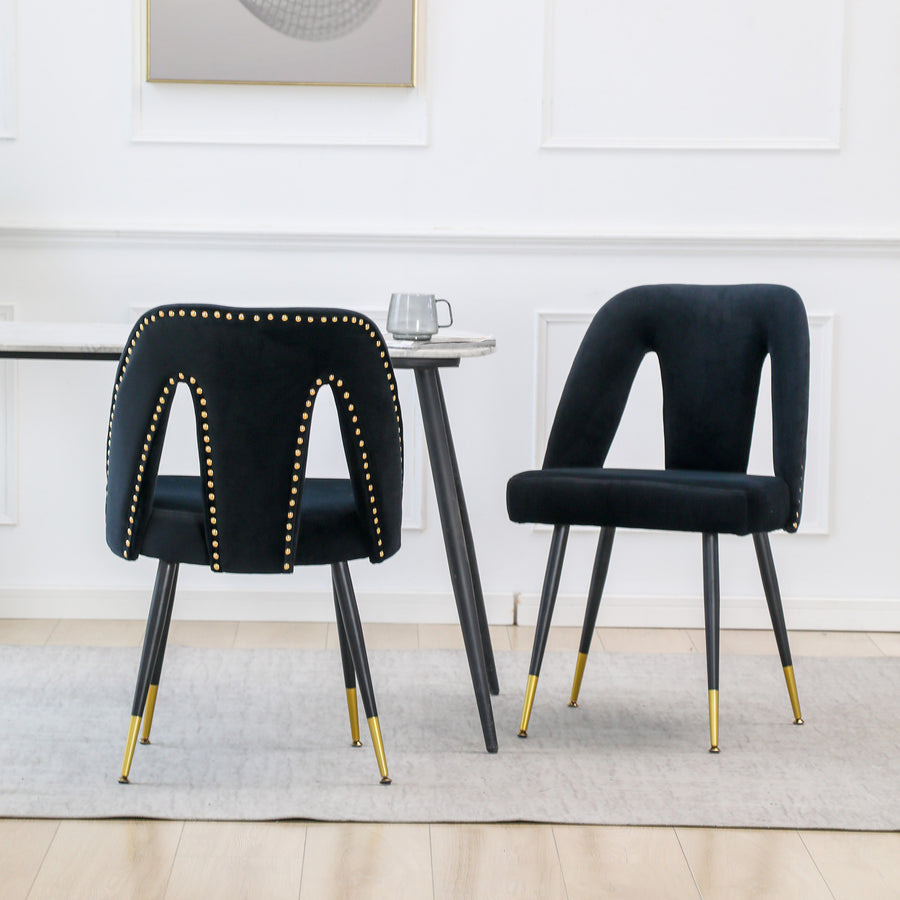Black Velvet Nailhead Trim Dining Chairs with Gold Legs (Set of 2)