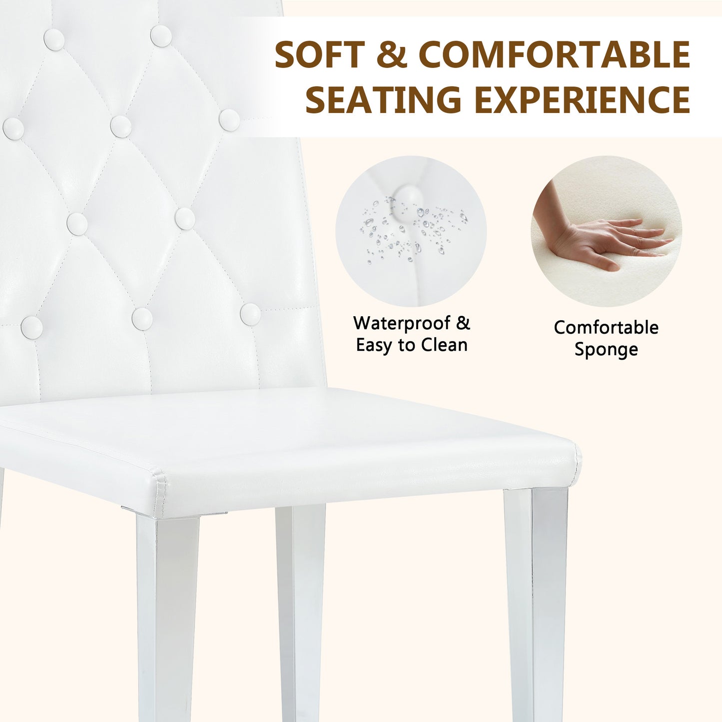 White Upholstered Fabric Dining Chairs with Silver Legs (set of 2) - detail view 5
