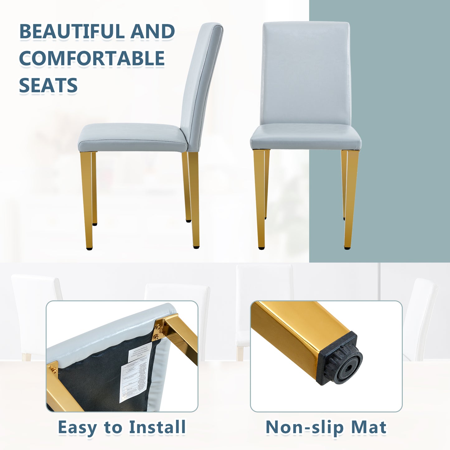 Gray PU Leather Dining Chairs with Gold Legs (set of 2) - detail view 7