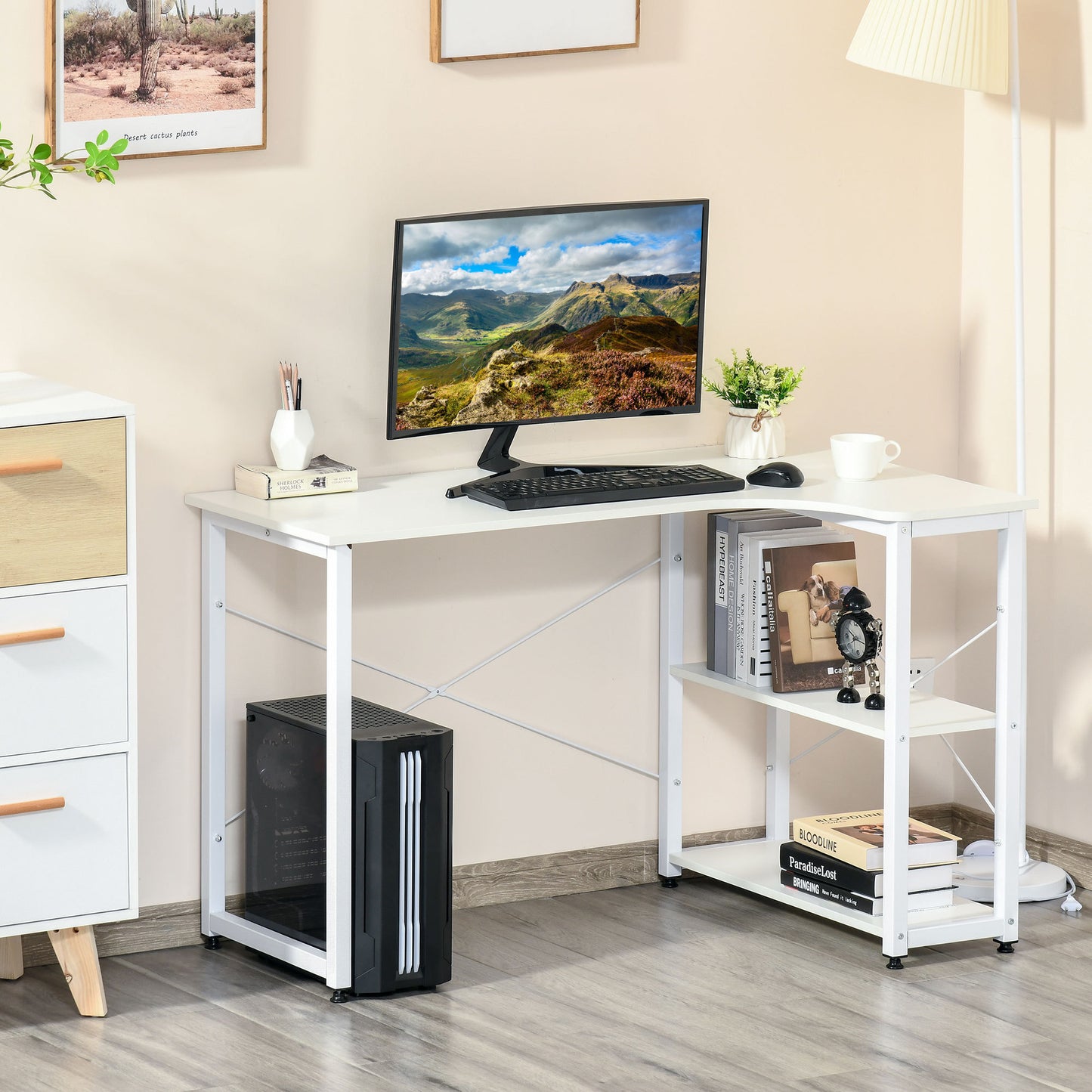 Salem Industrial L-Shaped Computer Desk with 2 Side Shelves and Steel Frame, Corner Desk,White