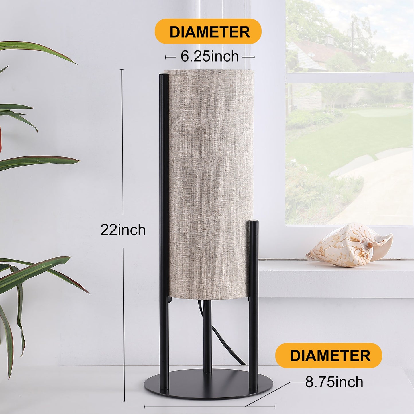 22' H Modern Upright Beige Linen Drum Black Metal Table Lamp