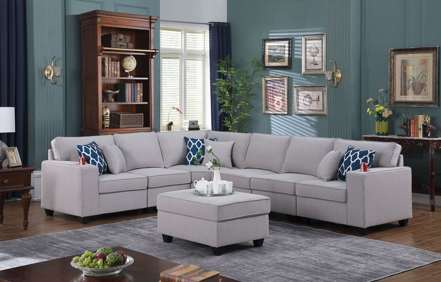 Cooper 125' Light Gray Linen 7Pc Reversible L-Shape Sectional Sofa with Ottoman and Cupholder - detail view 2