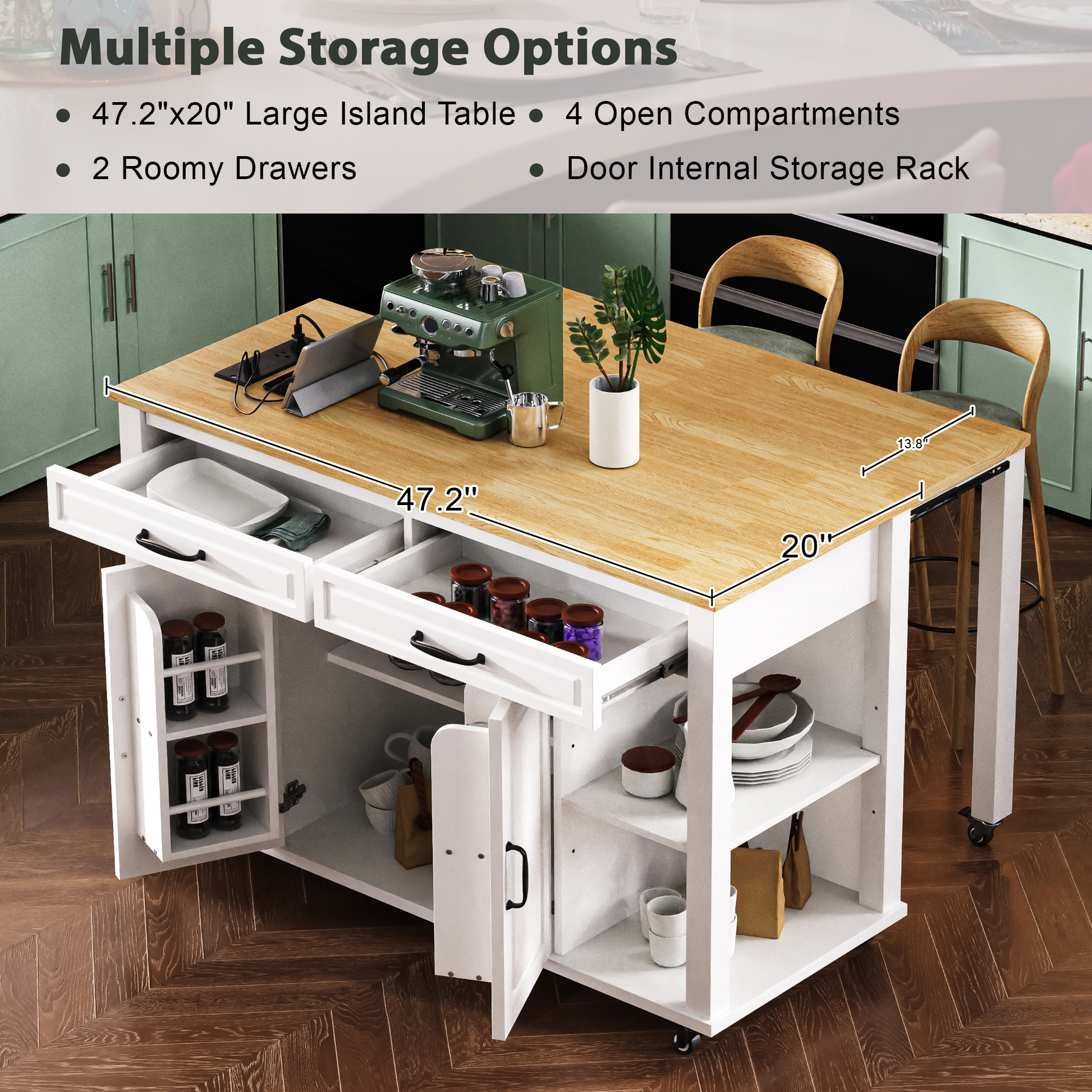 K&k 47" Kitchen Island with Extendable Dining Table - White - detail view 8