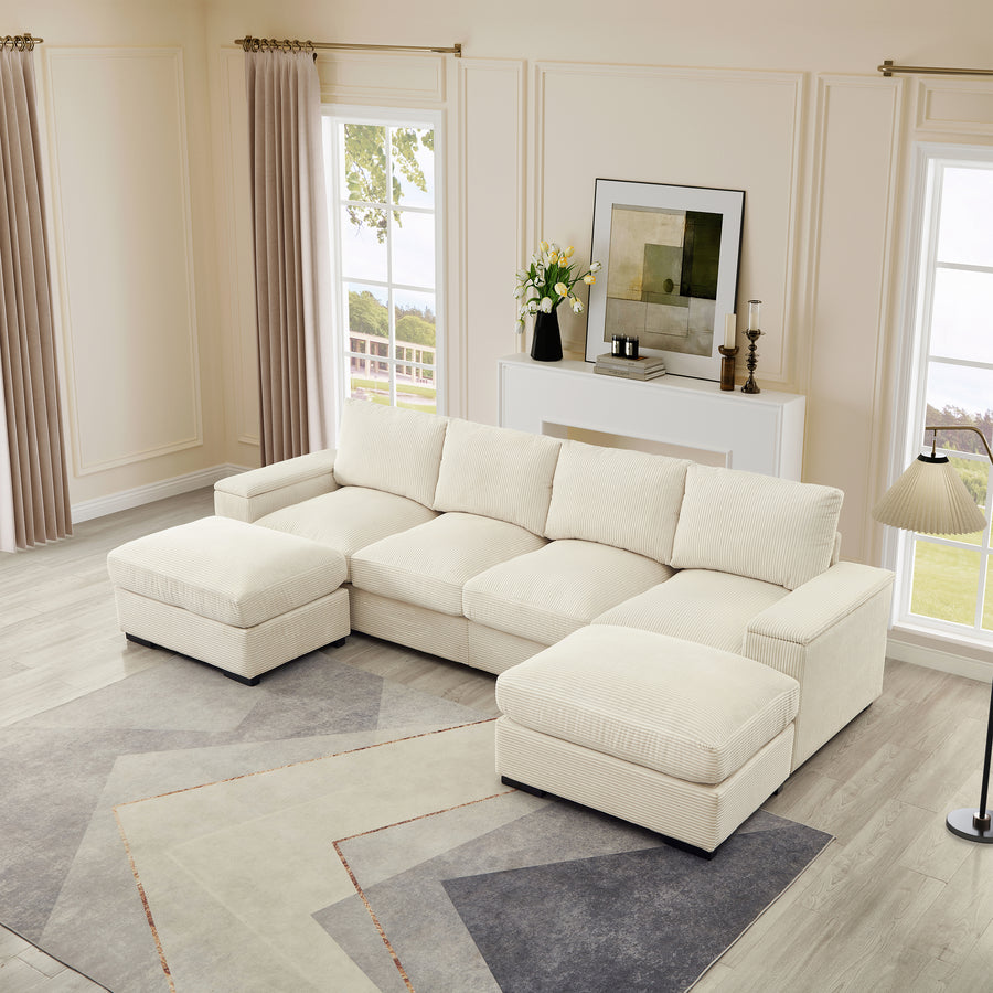 122'L Sectional Sofa Deep Seat Sofa Couch with Ottomans, Corduroy Sofa Sleeper for Living Room,Modern, Small Space, Easy Assembly(4-Seat & 2-Ottoman, Beige) - primary color shot