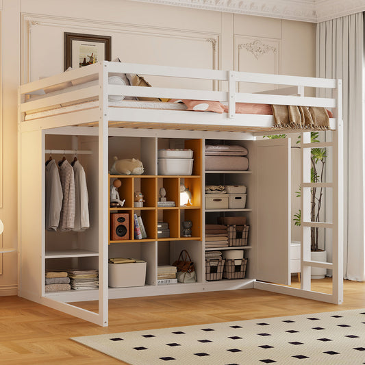 Full Size Wood Loft Bed with Wardrobe - Yellow+white - primary color shot