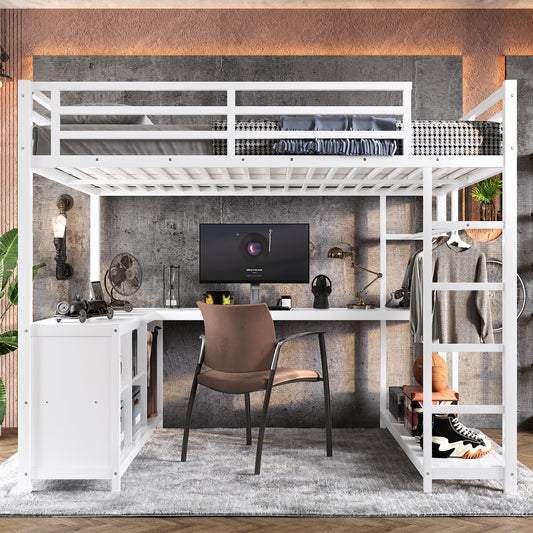 Metal Loft Bed with Wardrobe and L-Shaped Desk - White - detail view 2