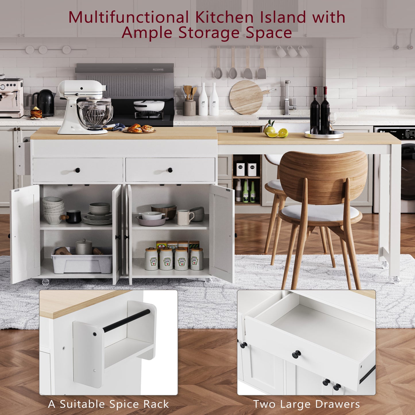 K&k 74" Kitchen Island with Extendable Dining Table - White - detail view 6