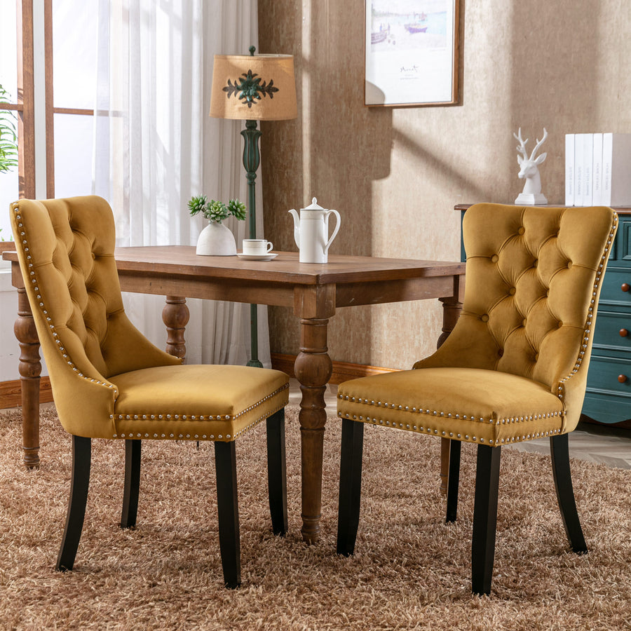 Gold Velvet Tufted Nailhead Trim Dining Chairs with Gold Legs