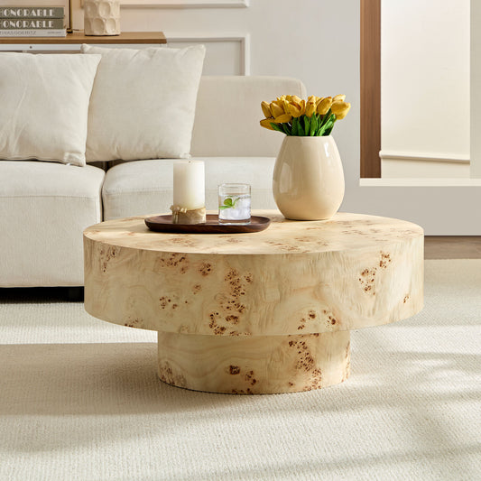 31"mid Century Modern Round Wood Coffee Table with Burl Wood Veneer and Sturdy Pedestal - Natural - primary color shot
