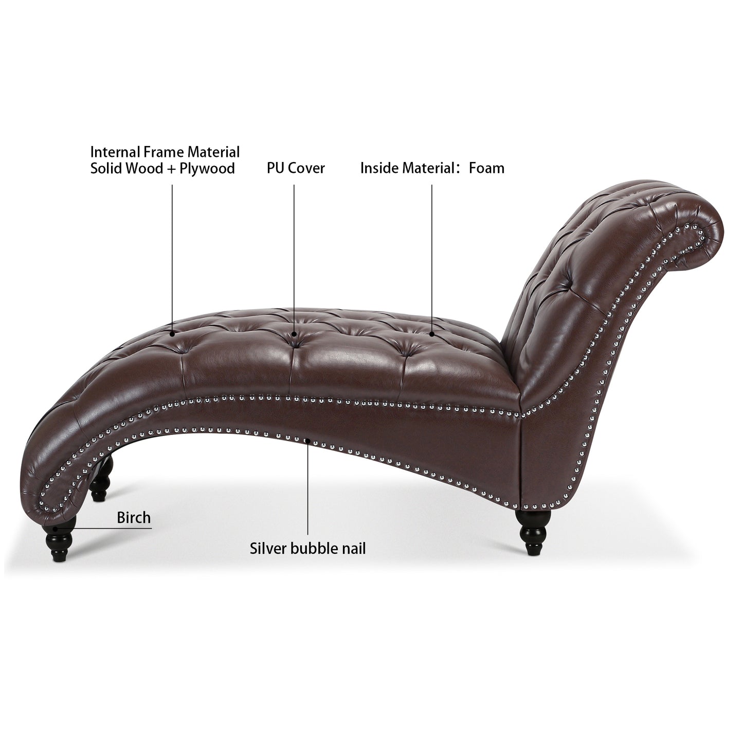 Modern Tufted Armless Chaise Lounge with Foam Cushion in Dark Brown PU - detail view 8