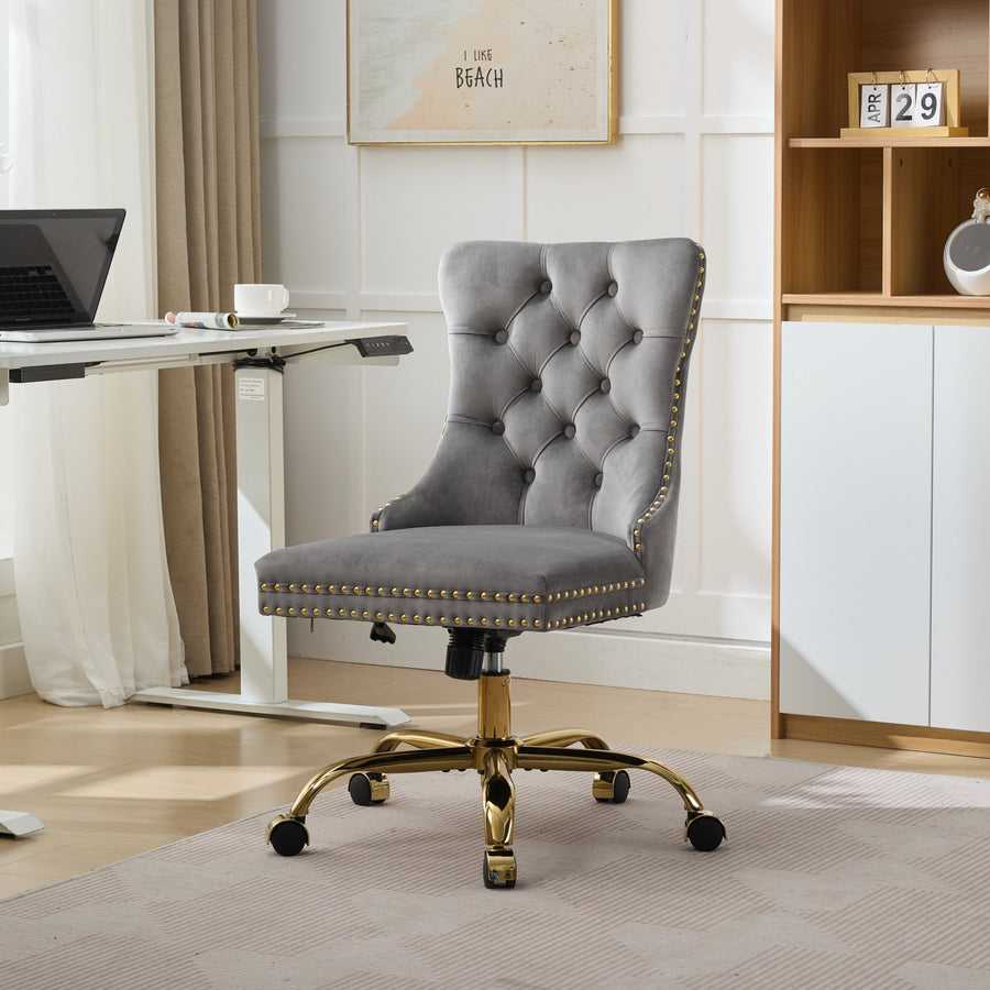 Gray Velvet Tufted Nailhead Trim Office Chair with Gold Legs