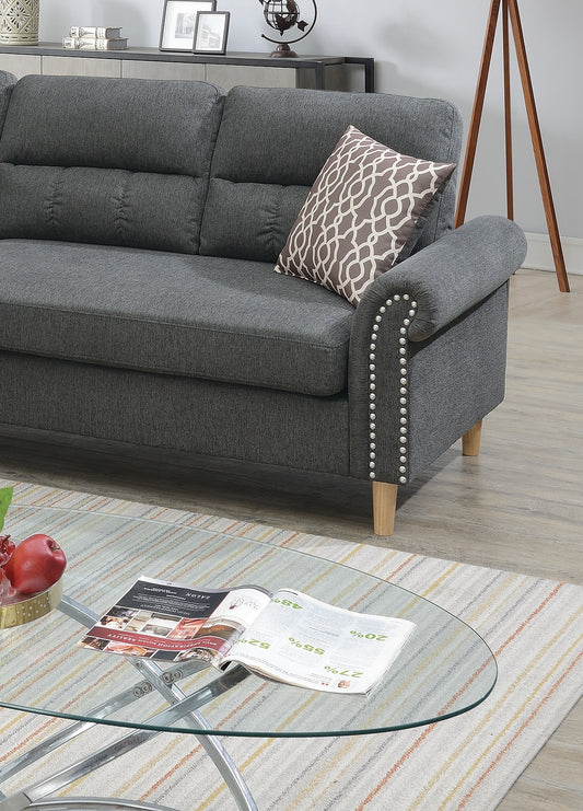 Slate Color Polyfiber Reversible Sectional Sofa Set Chaise Pillows Plush Cushion Couch Nailheads - detail view 2