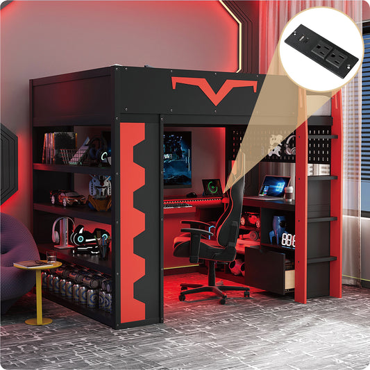 Full Size Gaming Loft Bed with Integrated Desk & RGB LED Lights - Red - primary color shot