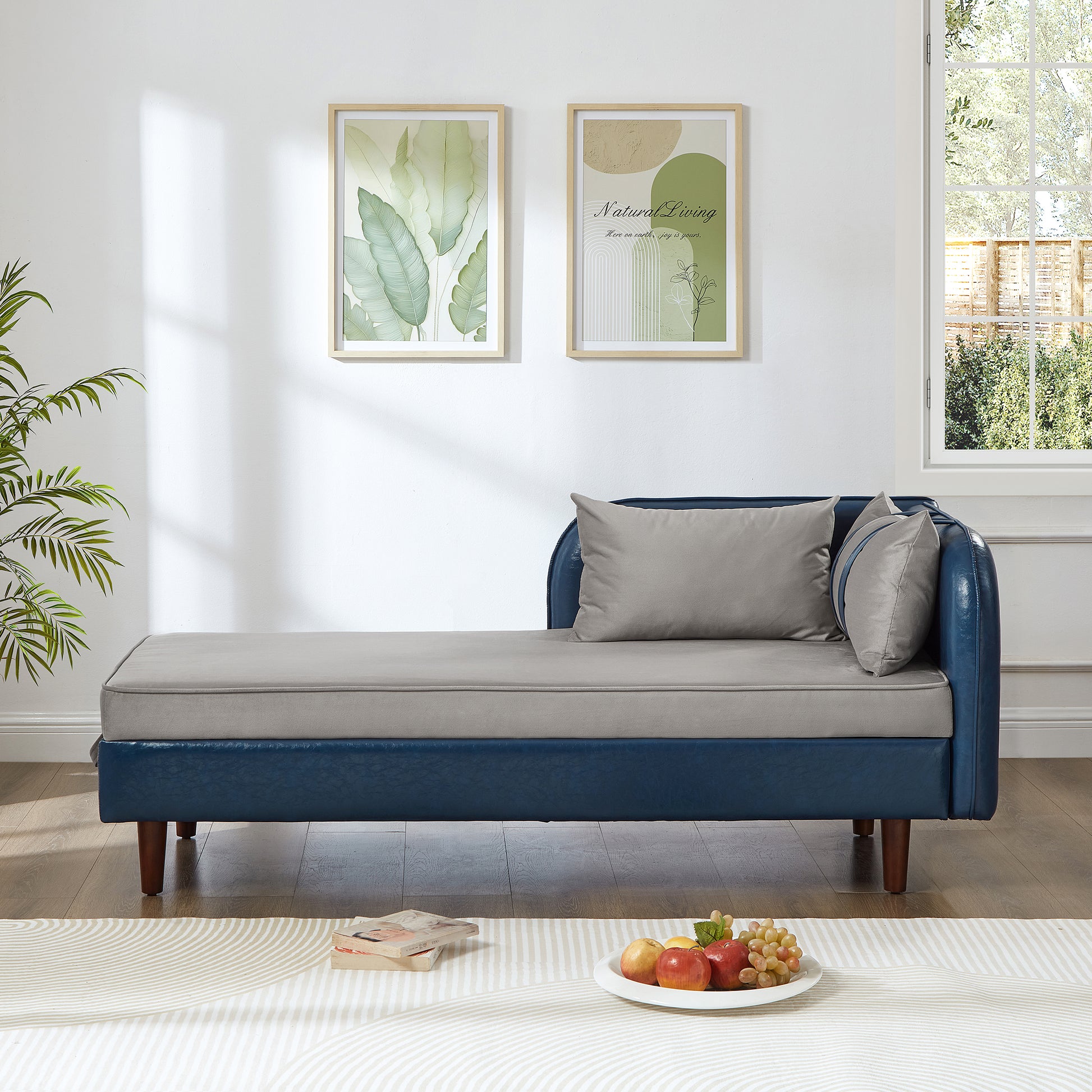 65" Storage Chaise Lounge Sofa Navy Blue PU & Light Gray Velvet - Blue & Grey - detail view 2