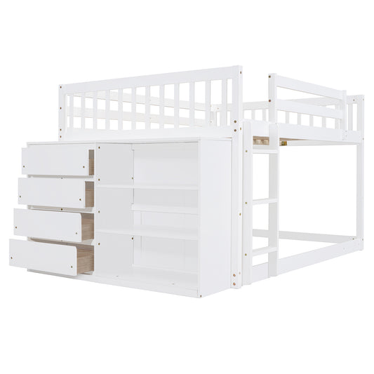 Elegant White Full over Full Bunk Bed with Storage and Shelves - Solid Wood and Durable Design - primary color shot