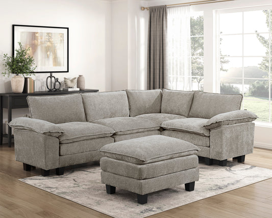 Modern Contemporary 5-Piece Modular Sectional Set with Ottoman Plush Comfort Chenille Upholstery Living Room Furniture Durable Plywood - detail view 2