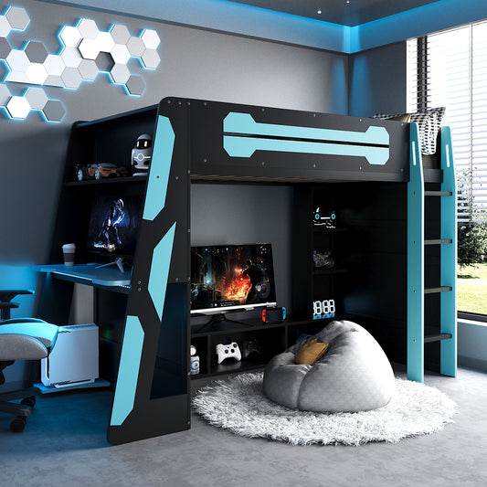 Twin Size Wood Loft Bed with Desk - Blue - primary color shot