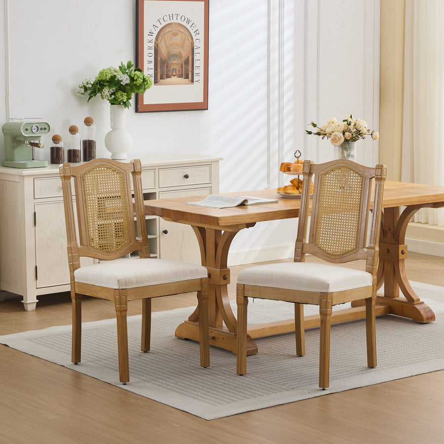 Beige Linen Dining Chairs with Wood Legs (Set of 2)