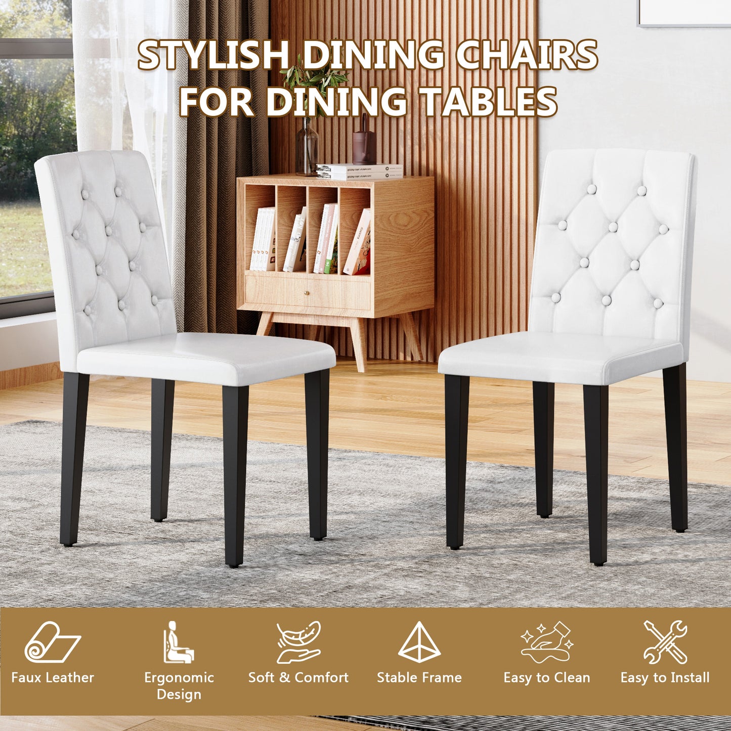 White Upholstered Fabric Dining Chairs with Black Legs (set of 2) - detail view 6
