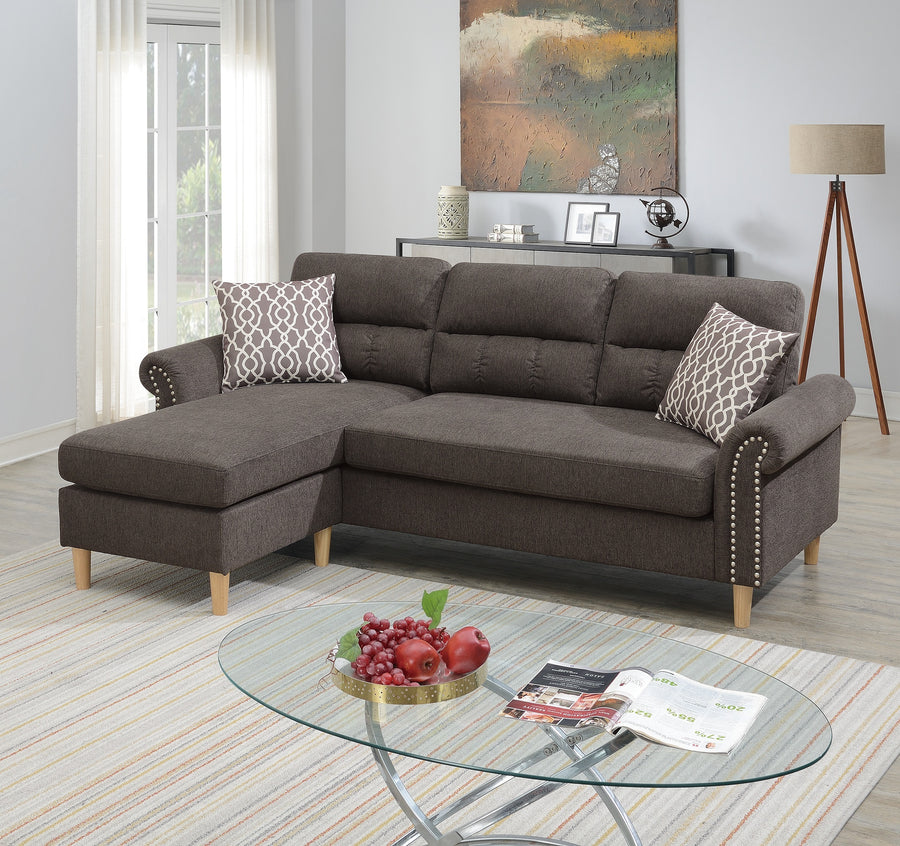 Tan Color Polyfiber Reversible Sectional Sofa Set Chaise Pillows Plush Cushion Couch Nailheads - primary color shot