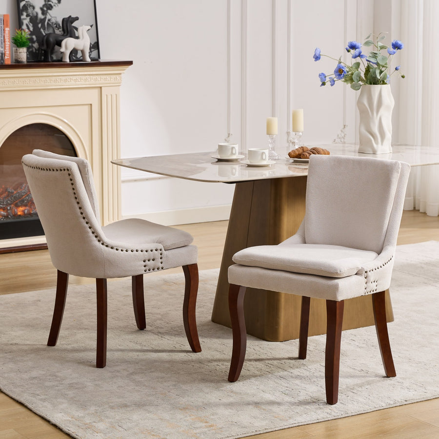 Beige Chenille Dining Chairs with Wood Legs (Set of 2)