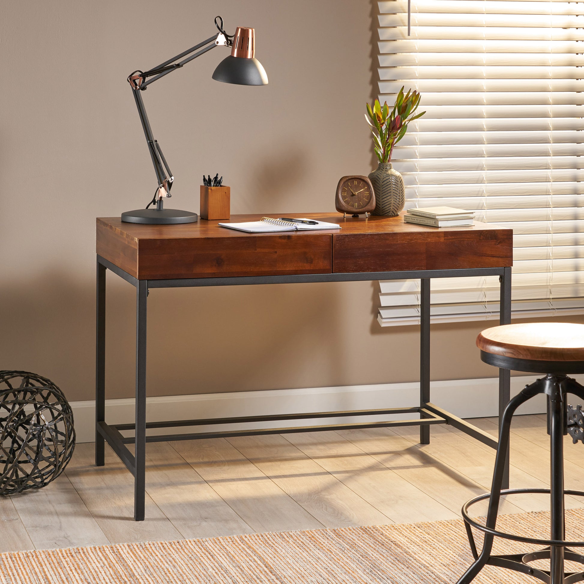 Opal Modern Industrial Writing Desk in Brown Oak