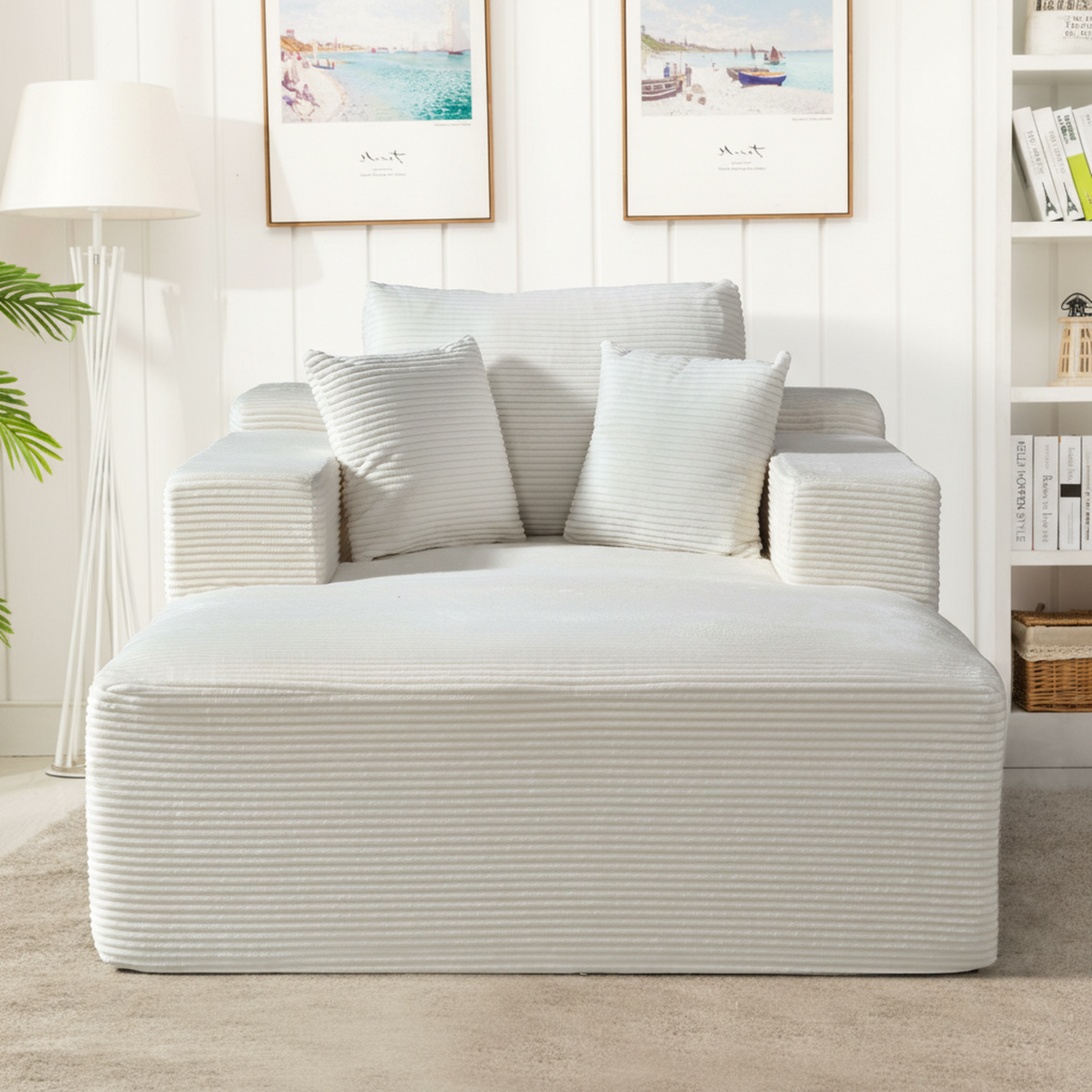 Convertible Chaise Lounge Chair Indoor – Oversized Corduroy Couch with Wide Armrest & Throw Pillows - Beige - detail view 2