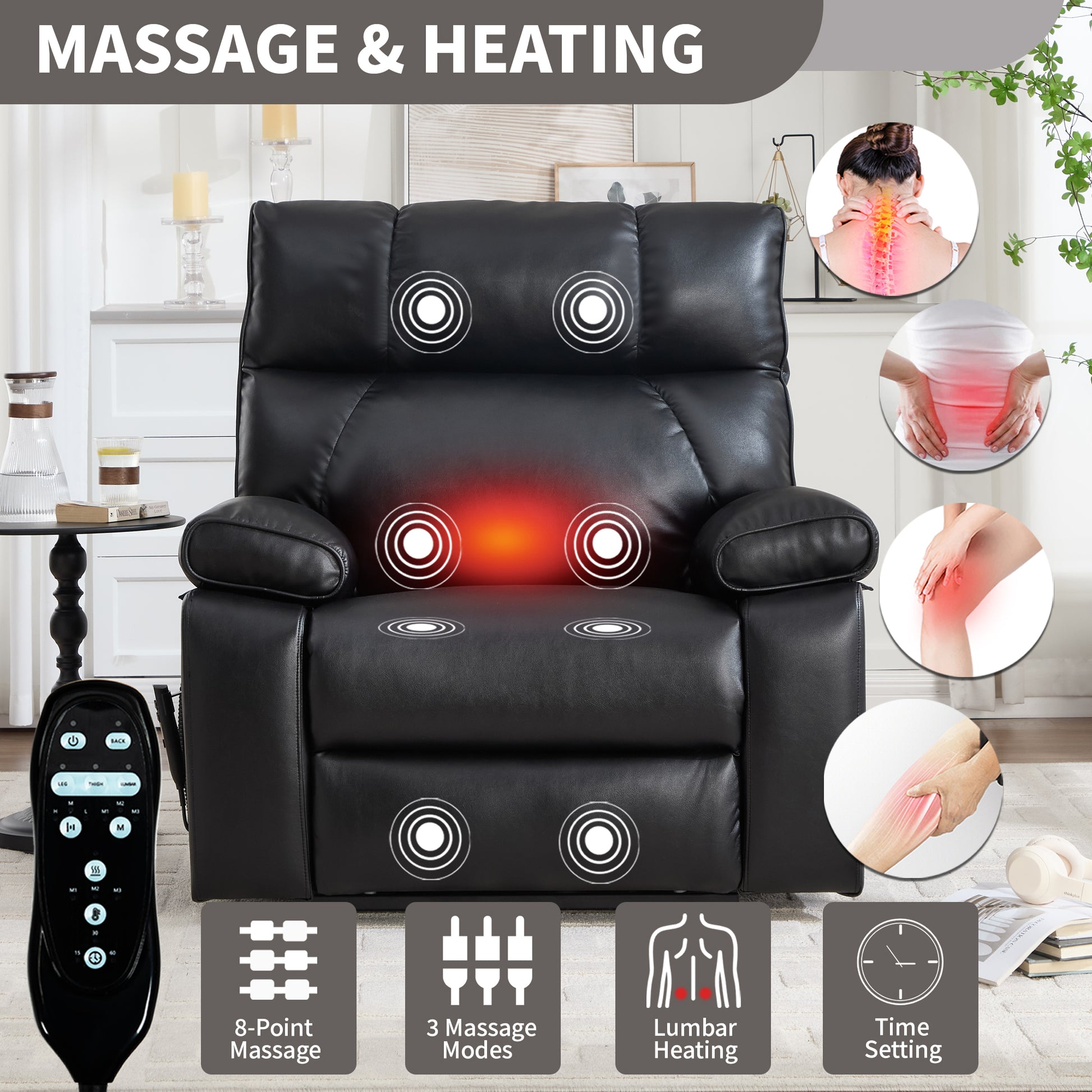 Black Leatheraire Heat Massage Dual Motor Infinite Position Up to 350 LBS Large Electric Power Lift Recliners with Hidden Cup Holders - detail view 8