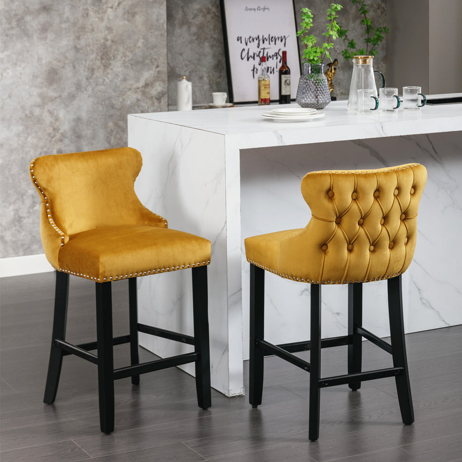 Gold Velvet Tufted Nailhead Trim Bar Stool with Black Legs (Set of 2)