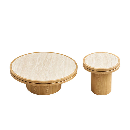 Set of 19.49''+35.43'' MDF Round Coffeetable Sintered Stone Tabletop - Natual - detail view 2