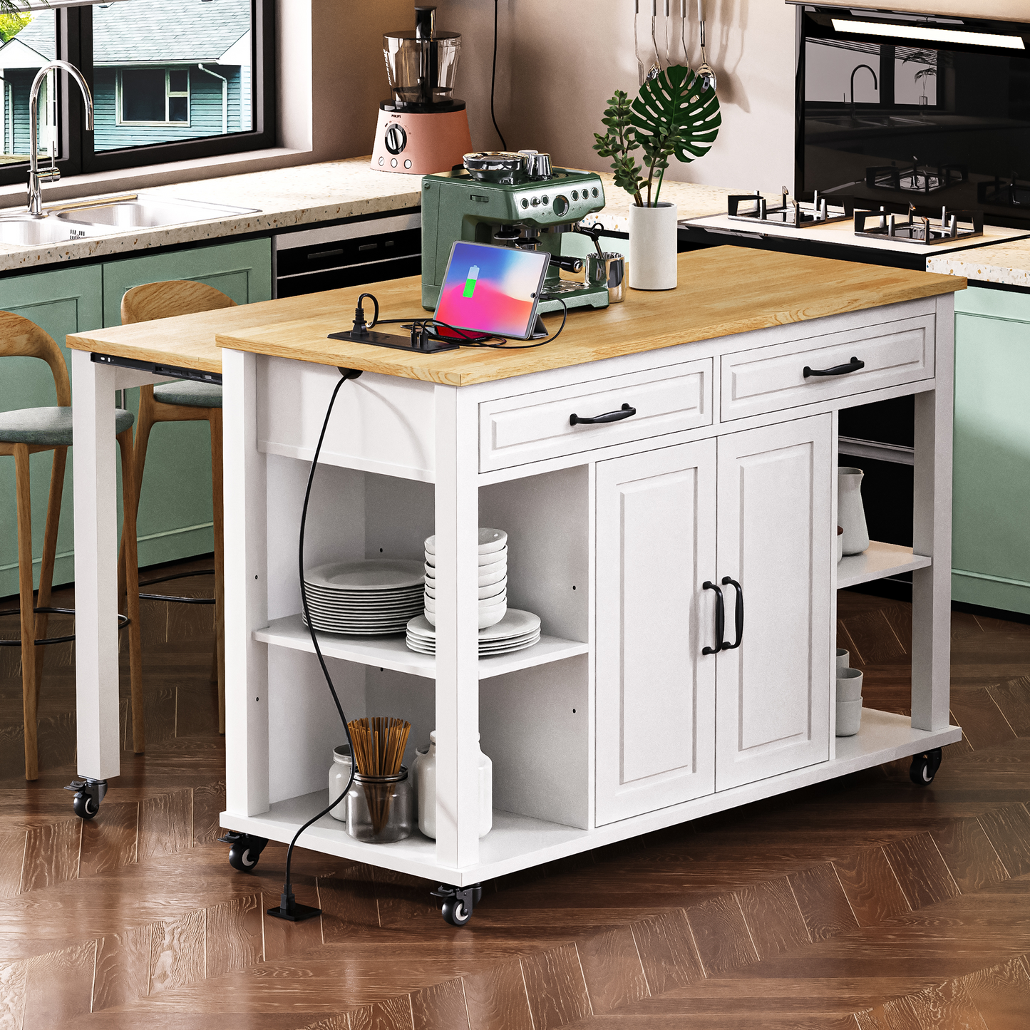 K&k 47" Kitchen Island with Extendable Dining Table - White - detail view 3