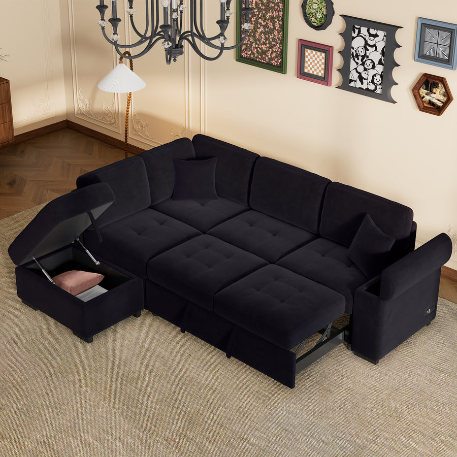 Sleeper Sectional Sofa, L-Shape Corner Couch Sofa-Bed with Storage Ottoman & Hidden Arm Storage & USB Charge for Living Room Apartment, Black - primary color shot