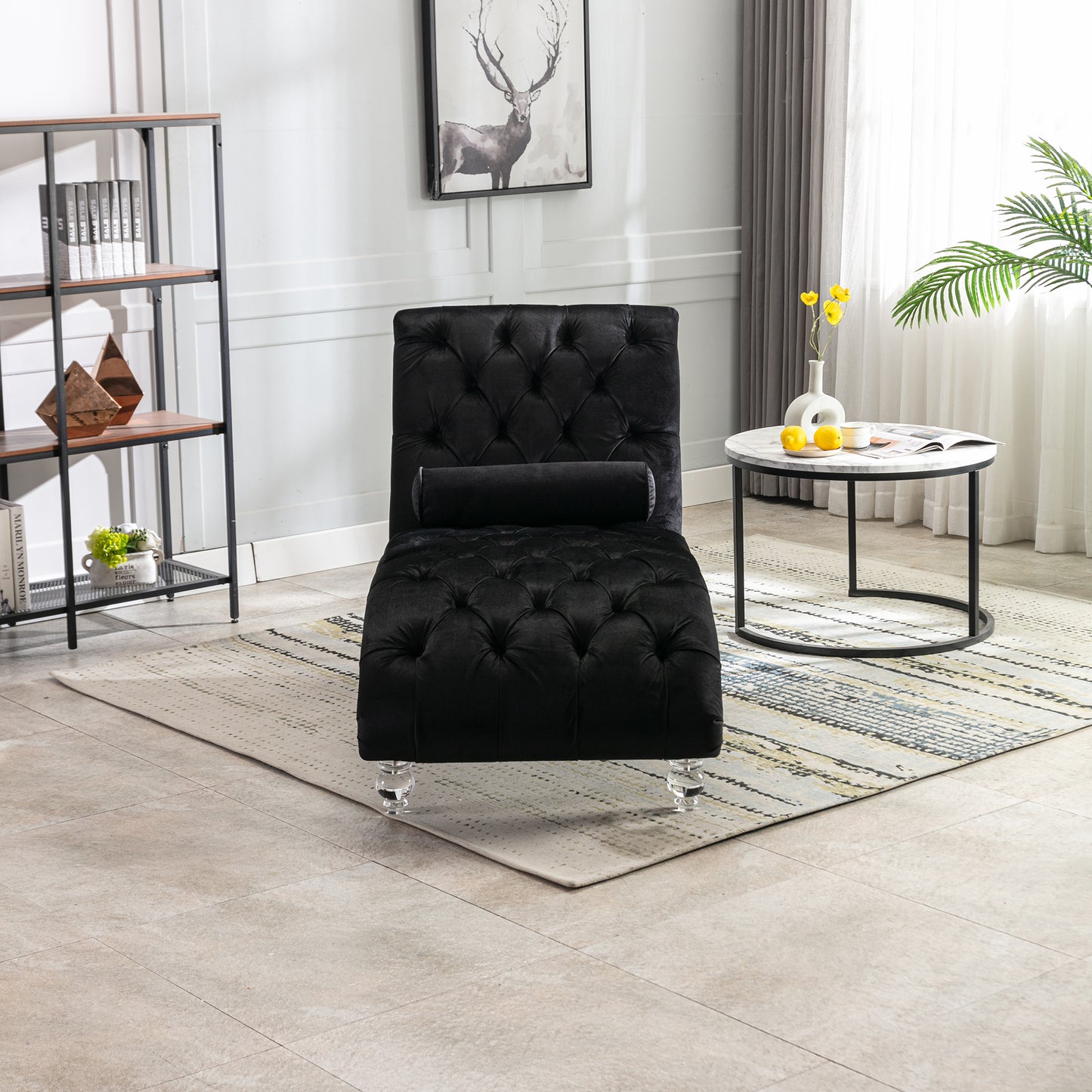 Black Velvet Tufted Chaise Lounge with Black Legs - detail view 4