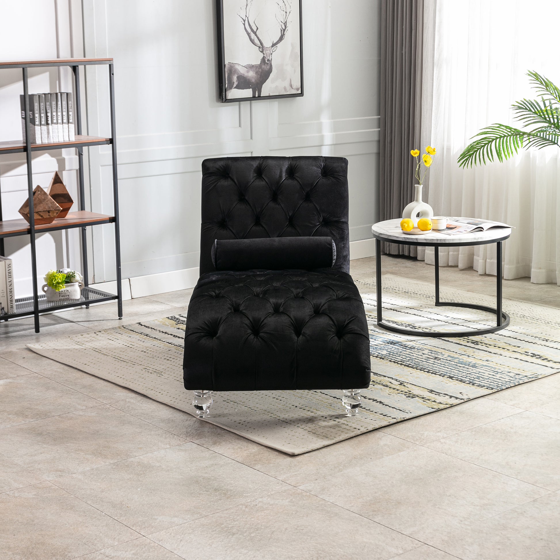 Black Velvet Tufted Chaise Lounge with Black Legs - detail view 4