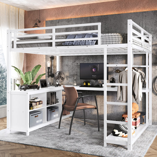 Metal Loft Bed with Wardrobe and L-Shaped Desk - White - primary color shot