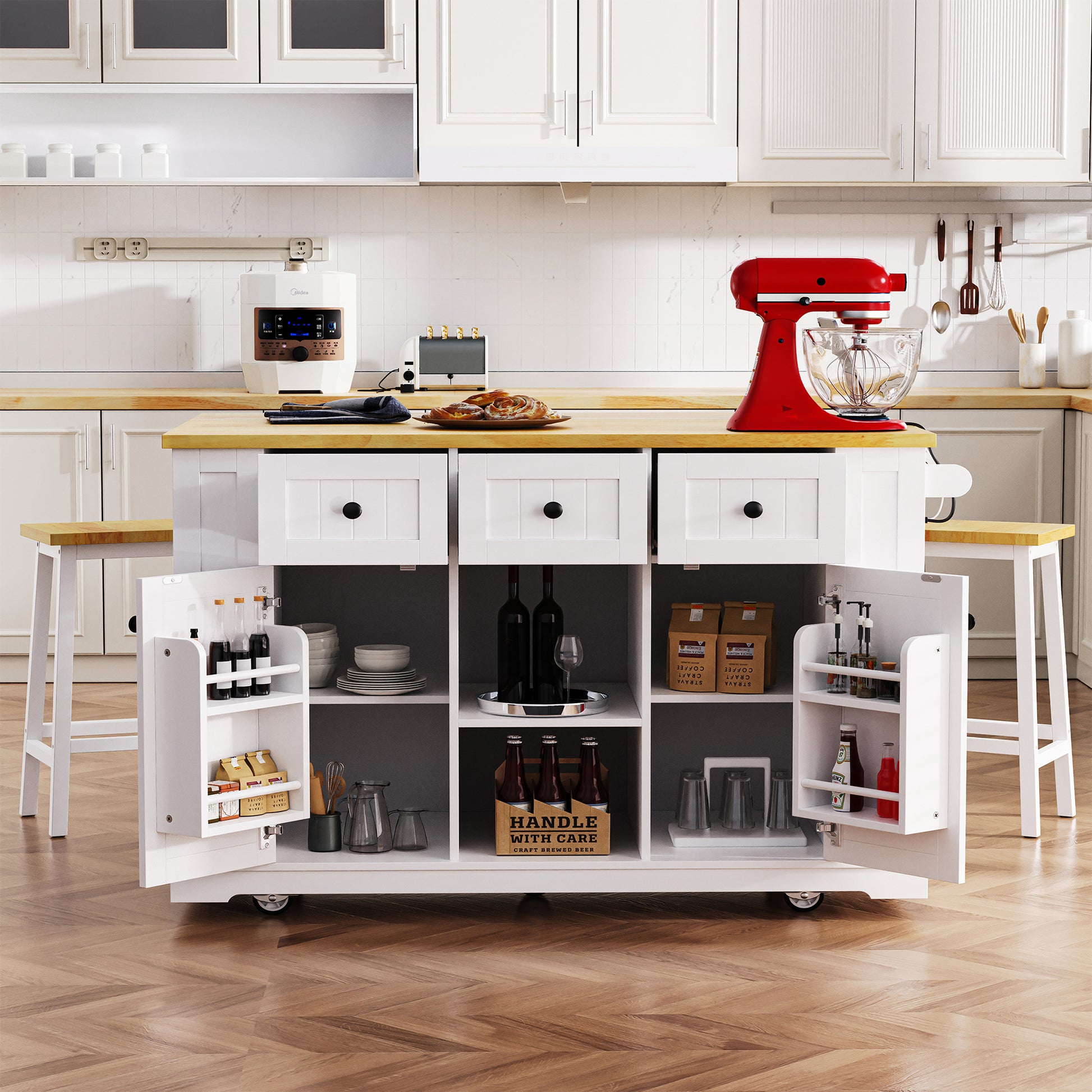 K&k 53" Large Kitchen Island with 2 Bar Stools - White - detail view 3